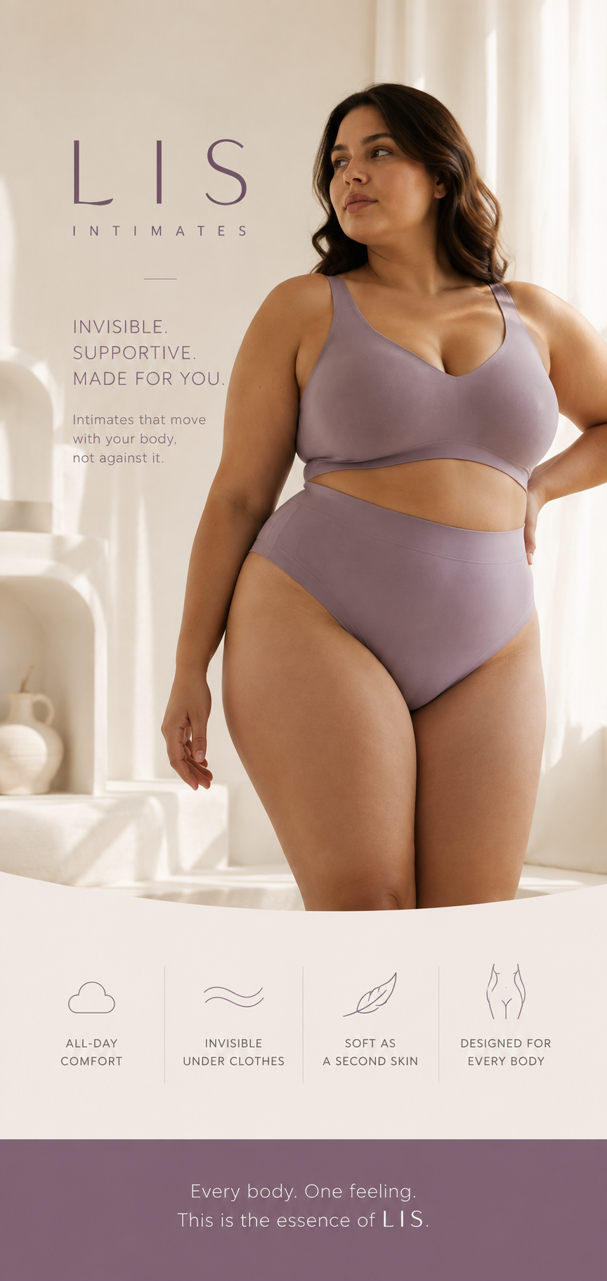 LIS Intimates campaign image — woman wearing a mauve wireless bra and high-waisted brief in soft daylight